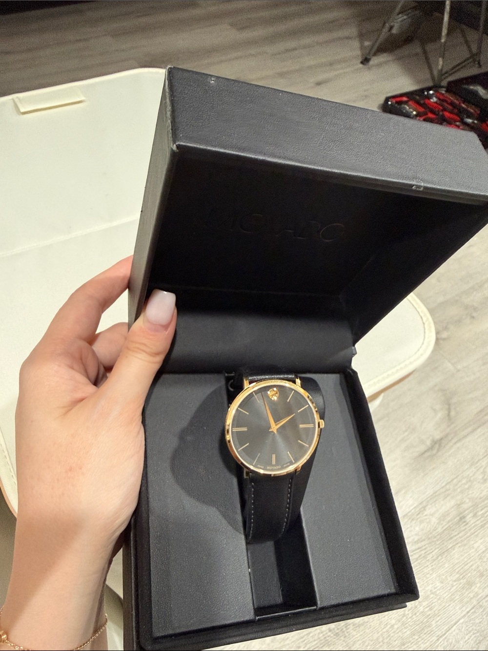 Movado Black Dial Gold-Tone Case Men's Watch with Black Leather Strap